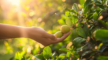 A gentle hand picks ripe monk fruit from a sun-kissed tree, capturing the essence of a healthy harvest in the morning glow. - obrazy, fototapety, plakaty