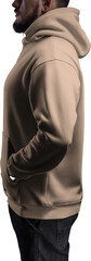 Mockup tan, nude, beige hoodie on a man with a beard, PNG, side view