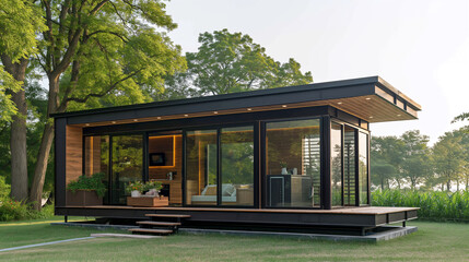 Fototapeta premium Modern tiny house with large windows and an exterior made of wood, glass, and black steel, located on grassy land with trees, design symbolizes simplicity, sustainability, and urban living in nature 