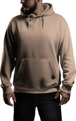 Mockup of tan, nude, beige hoodie on a man with a beard, PNG, front view