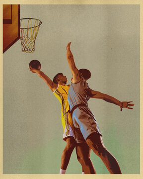 Poster. Contemporary art collage. Competitive basketball player make block technique to prevent ball from hitting ring. Concept of sport, active lifestyle, tournament. Retro effect, art style.
