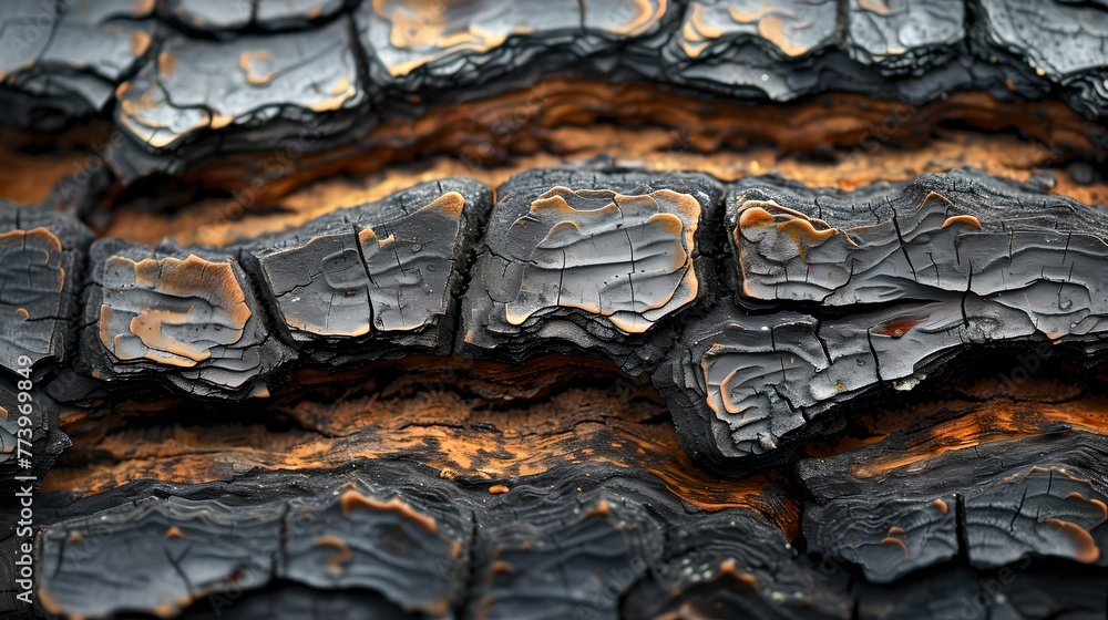 Poster close-up view of textured tree bark with burnt charcoal hues. nature's patterns captured in detail. 
