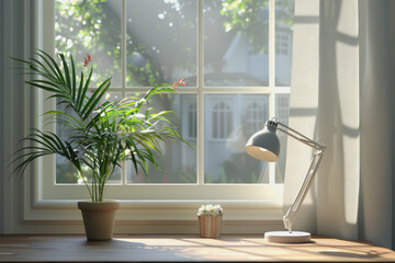 A minimalist with a single desk facing a large window, featuring a potted plant lamp.