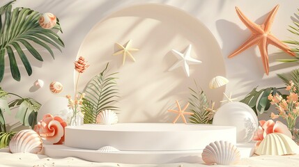 Blank Mockup of a White Podium Adorned with Summer-Themed Decorations. Presentation Showcase Concept.