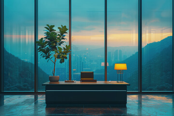 A minimalist with a single desk facing a large window, featuring a potted plant lamp.