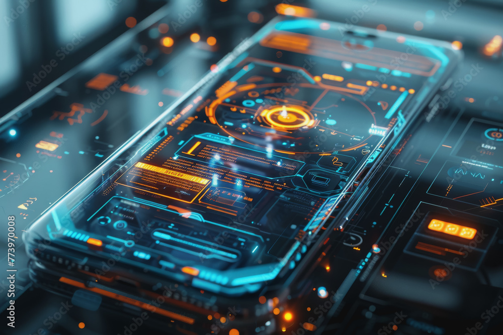 Poster a smartphone with a translucent screen displaying futuristic and holographic projections.