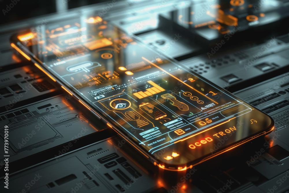 Poster a smartphone with a translucent screen displaying futuristic and holographic projections.