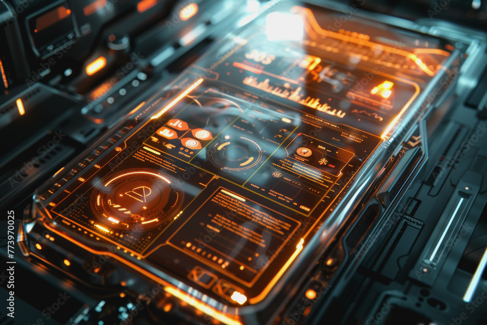Poster a smartphone with a translucent screen displaying futuristic and holographic projections.
