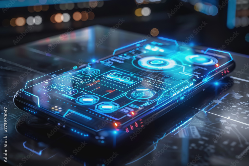 Poster a smartphone with a translucent screen displaying futuristic and holographic projections.