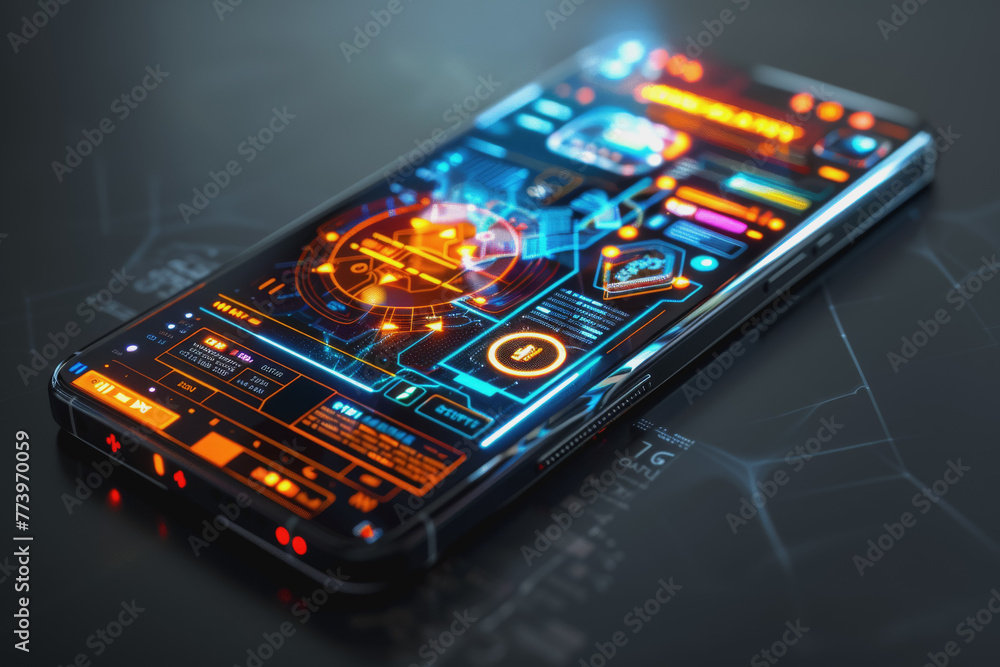 Poster a smartphone with a translucent screen displaying futuristic and holographic projections.