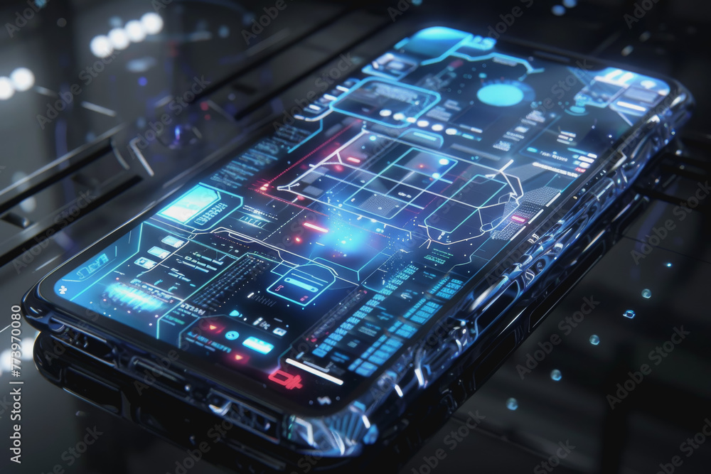 Poster a smartphone with a translucent screen displaying futuristic and holographic projections.