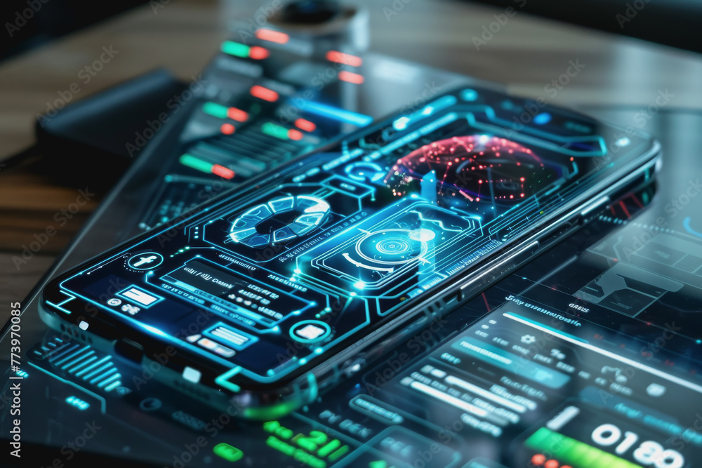 Poster a smartphone with a translucent screen displaying futuristic and holographic projections.