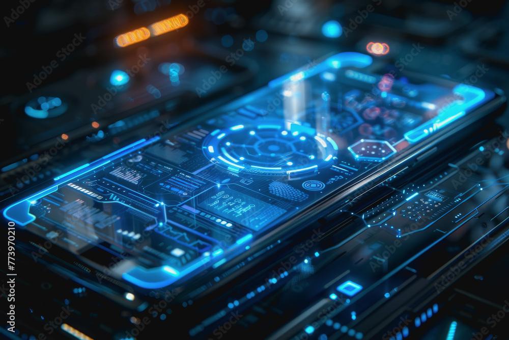 Poster a smartphone with a translucent screen displaying futuristic and holographic projections.