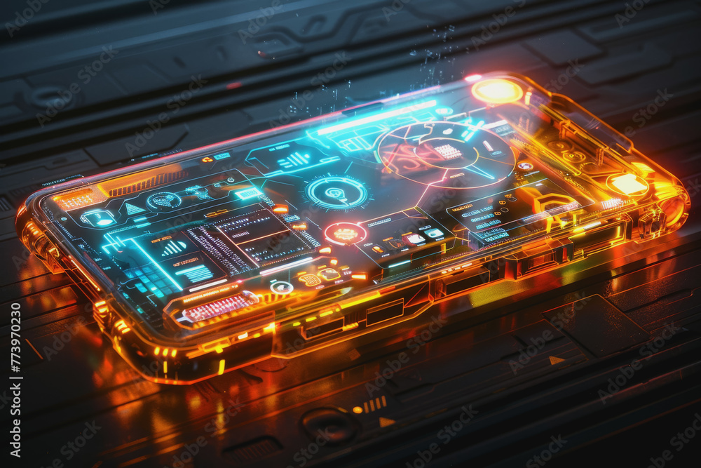 Poster a smartphone with a translucent screen displaying futuristic and holographic projections.