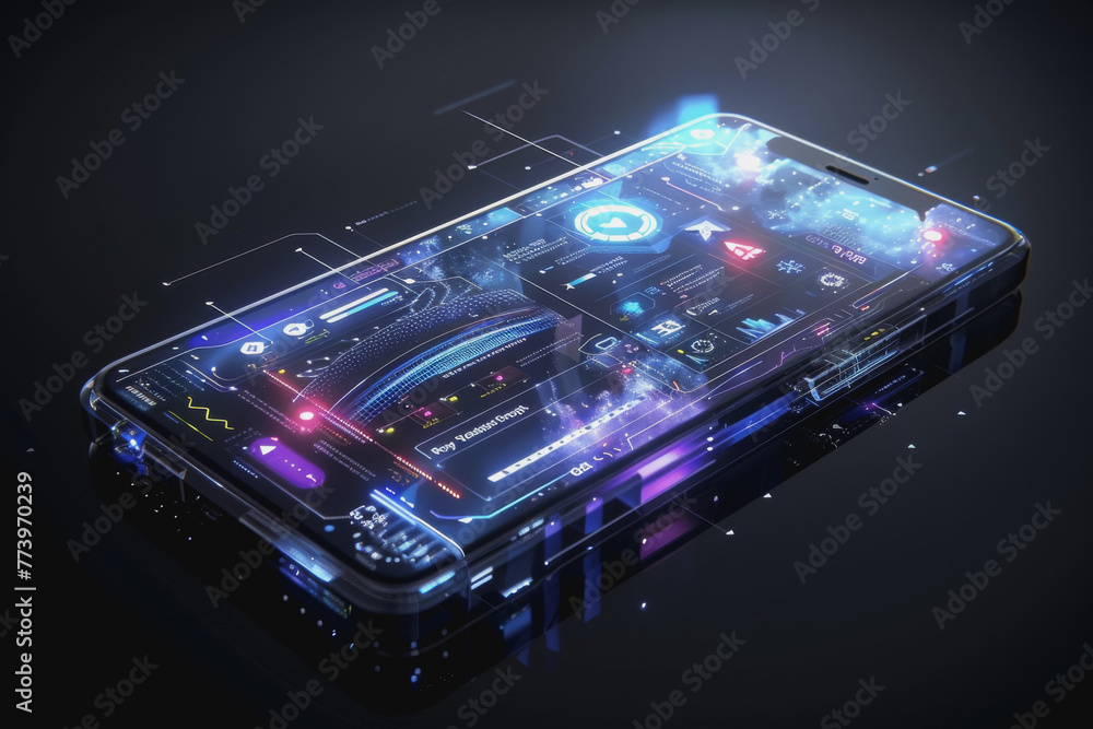 Aufkleber a smartphone with a translucent screen displaying futuristic and holographic projections.