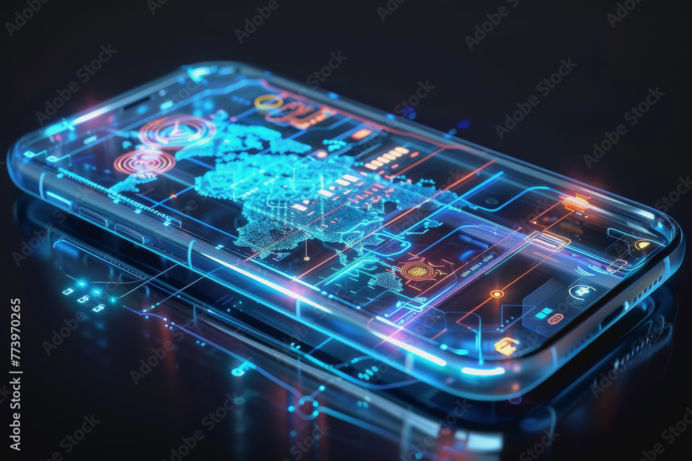 Poster a smartphone with a translucent screen displaying futuristic and holographic projections.