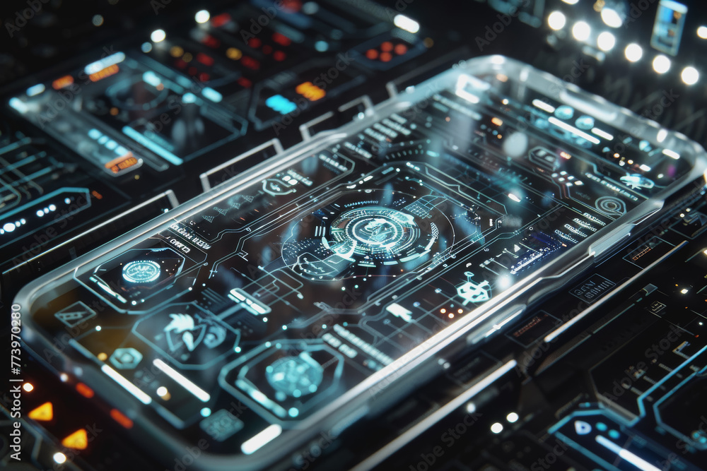 Aufkleber a smartphone with a translucent screen displaying futuristic and holographic projections.