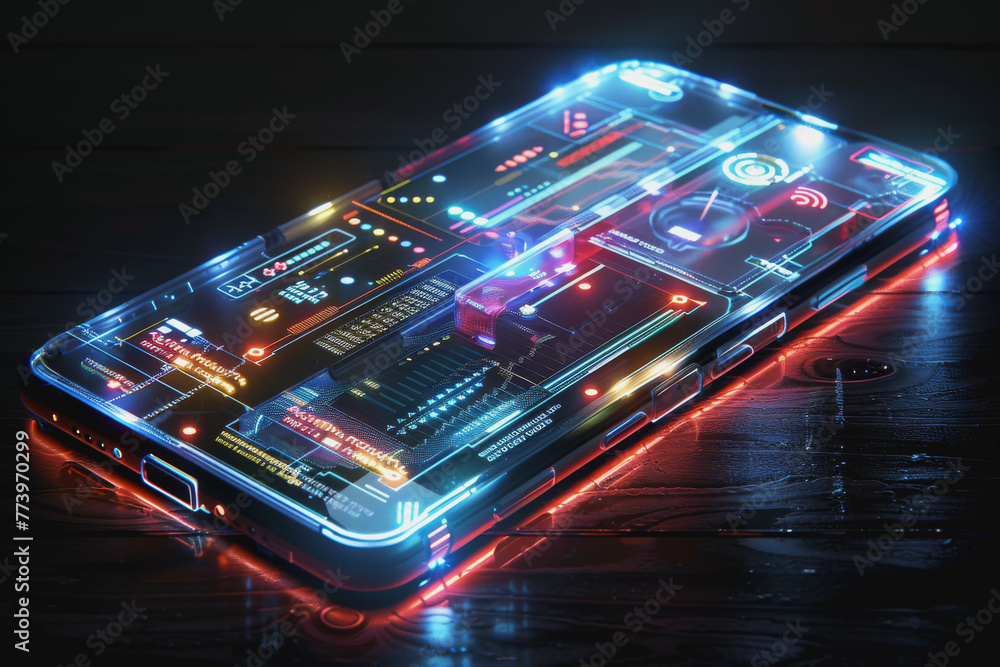 Poster a smartphone with a translucent screen displaying futuristic and holographic projections.