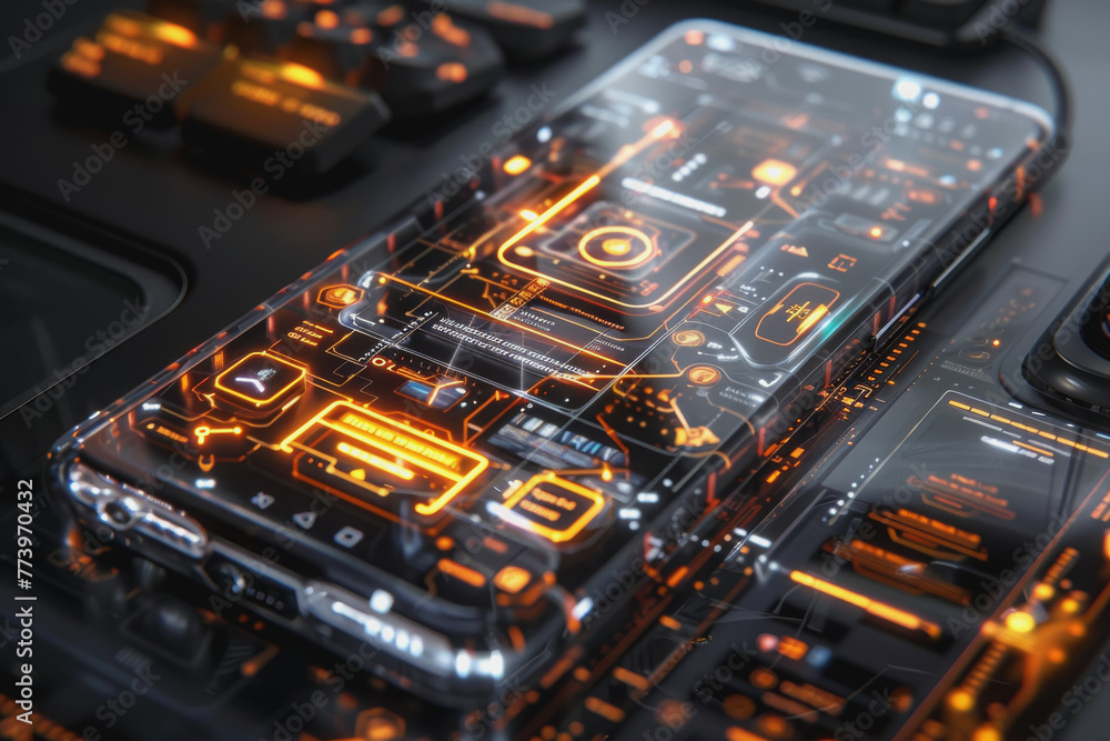 Poster a smartphone with a translucent screen displaying futuristic and holographic projections.
