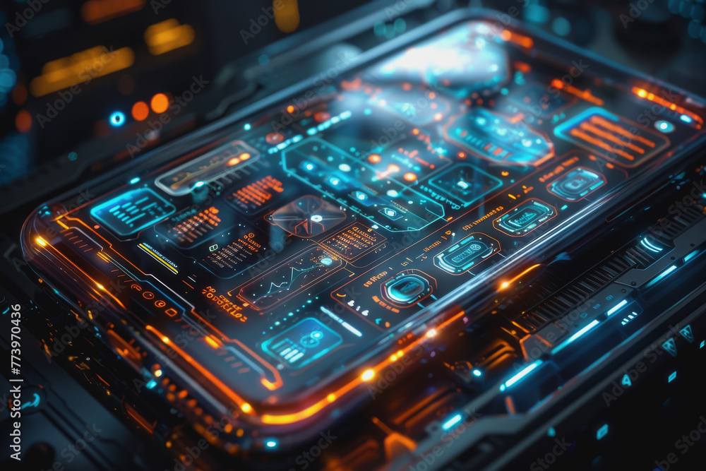 Poster a smartphone with a translucent screen displaying futuristic and holographic projections.