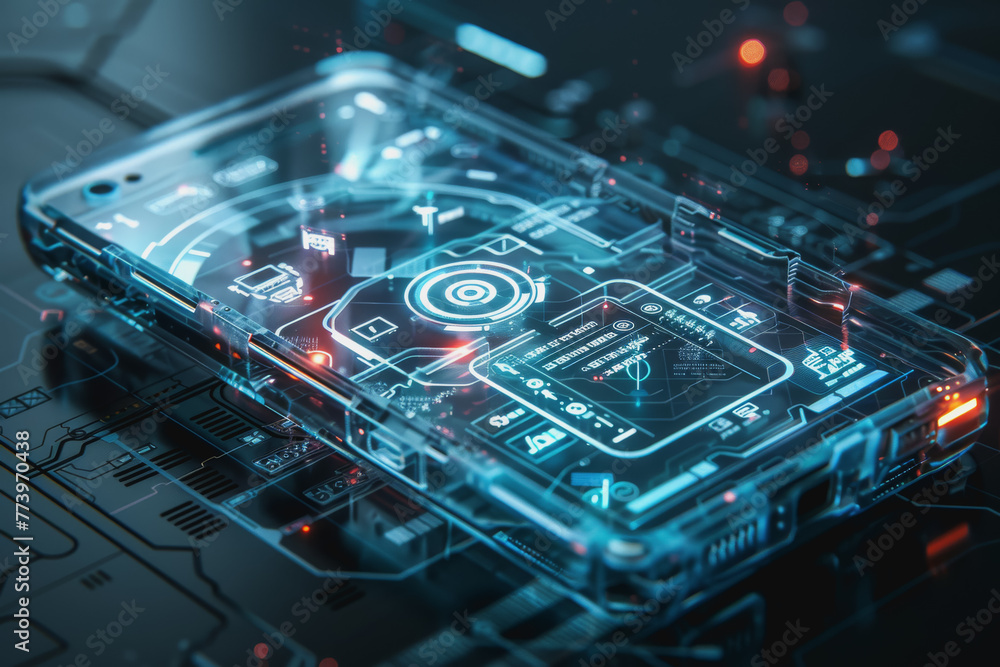 Poster a smartphone with a translucent screen displaying futuristic and holographic projections.