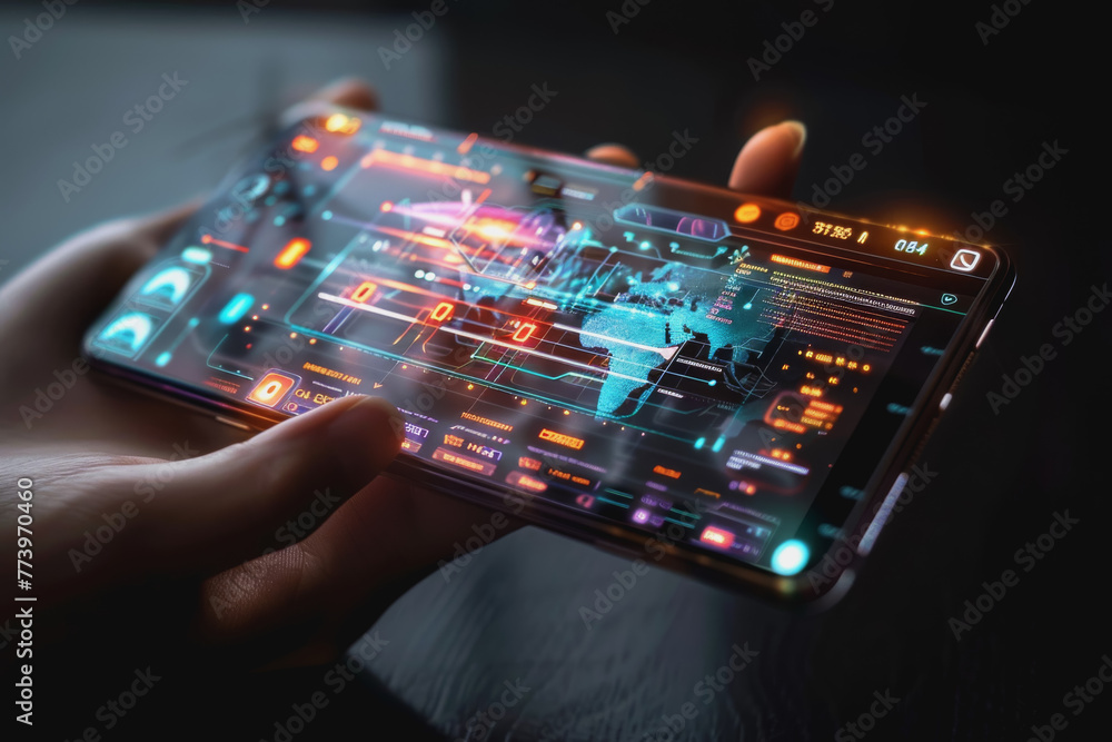 Poster a smartphone with a translucent screen displaying futuristic and holographic projections.