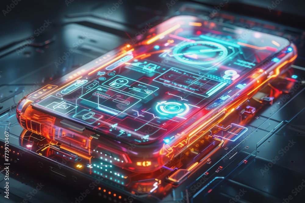 Poster a smartphone with a translucent screen displaying futuristic and holographic projections.
