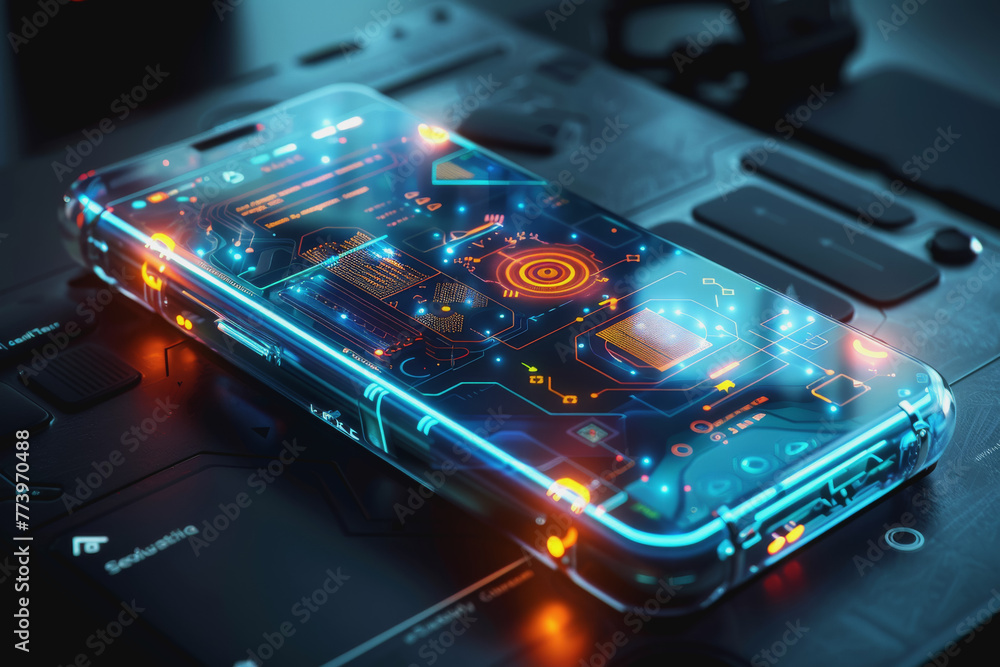 Poster a smartphone with a translucent screen displaying futuristic and holographic projections.