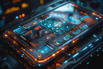 Obraz premium A smartphone with a translucent screen displaying futuristic and holographic projections.