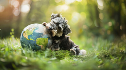 Little dog huging globe. Saving mother nature. Loving earth.