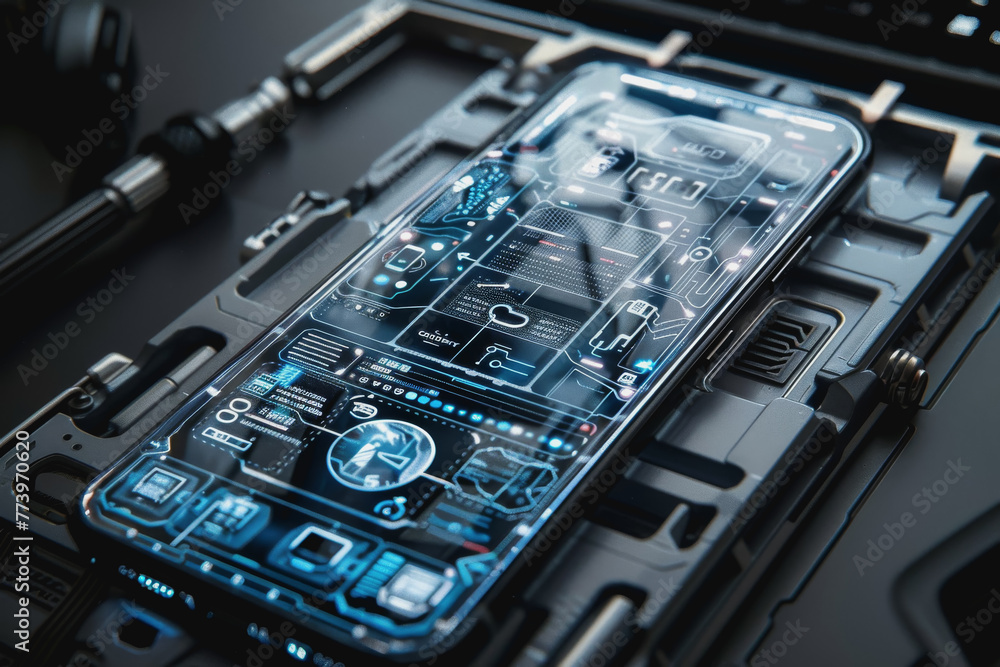 Poster a smartphone with a translucent screen displaying futuristic and holographic projections.