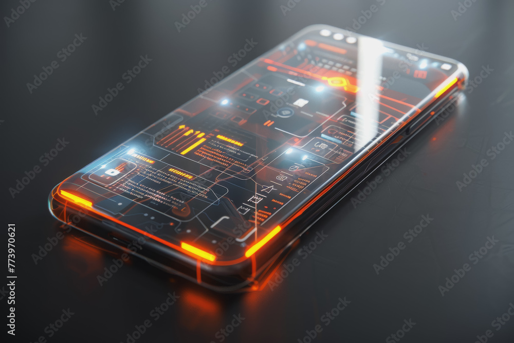 Poster a smartphone with a translucent screen displaying futuristic and holographic projections.