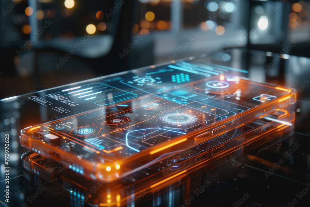 Poster a smartphone with a translucent screen displaying futuristic and holographic projections.