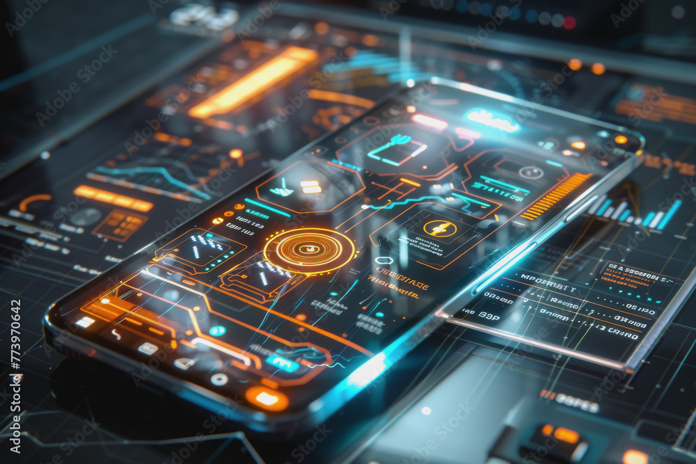 Poster a smartphone with a translucent screen displaying futuristic and holographic projections.
