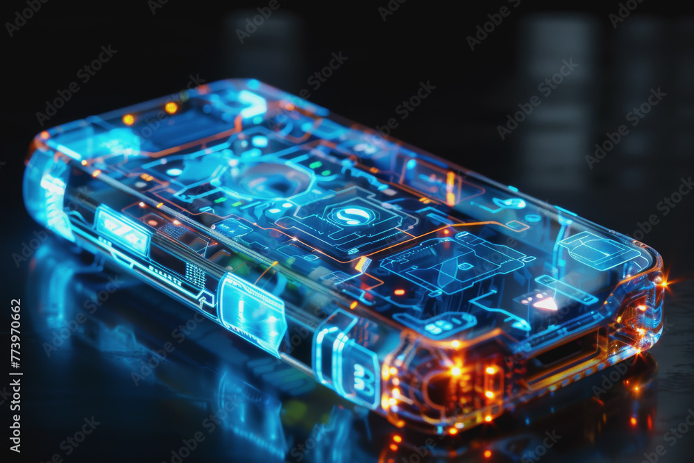 Poster a smartphone with a translucent screen displaying futuristic and holographic projections.