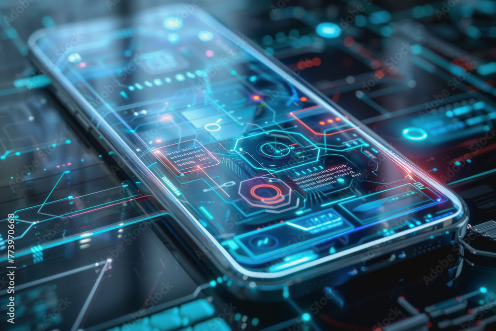 Poster a smartphone with a translucent screen displaying futuristic and holographic projections.