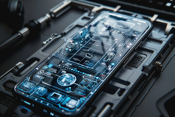 A smartphone with a translucent screen displaying futuristic and holographic projections. - obrazy, fototapety, plakaty