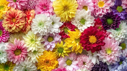 Vibrant Array of Mixed Dahlias. Beautiful Flowers for Backgrounds. Ideal for Design and Decor. Lush Floral Pattern. Close-up Shot. AI