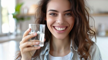 Happy woman in headshot portrait drinking water, looking at camera, taking daily medication vitamin strengthening and beautifying of the skin, hair, and nails, prescription drugs for health care - obrazy, fototapety, plakaty