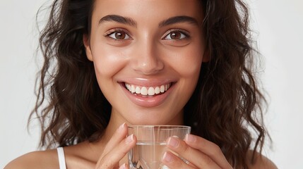 Happy woman in headshot portrait drinking water, looking at camera, taking daily medication vitamin strengthening and beautifying of the skin, hair, and nails, prescription drugs for health care
