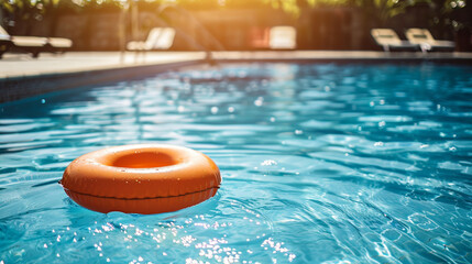 Orange inflatable swimming ring in the swimming pool. Hot summer holidays.