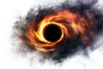 black hole surrounded by swirling gas and dust,  against a white background to highlight its mysterious and powerful nature.