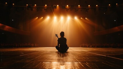 Capture a musician sitting alone on a stage, instrument in hand, but with no audience to hear the  - obrazy, fototapety, plakaty