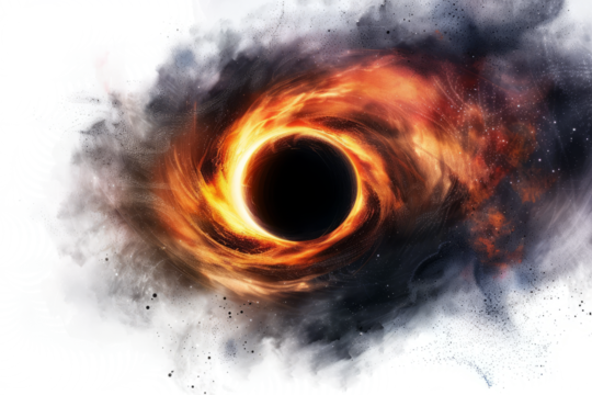 black hole surrounded by swirling gas and dust,  against a white background to highlight its mysterious and powerful nature.