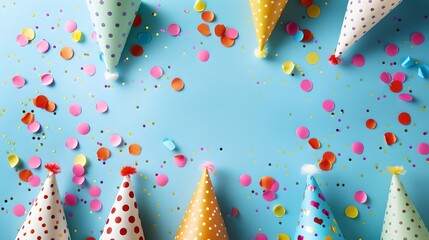 Fototapeta premium Colorful Party Hats and Confetti on Blue Background. Festive Celebration Concept. Bright, Vibrant Decoration, Top View. Celebrate in Style with Fun Accents. AI