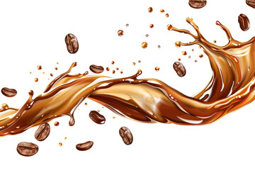 Produce  of a coffee splash with flying beans, capturing the energy on a white backdrop - obrazy, fototapety, plakaty