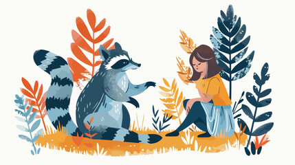 Little raccoon with girl in the landscape flat vector