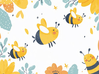Cute watercolor clipart of bees buzzing around blooming flowers, single object, isolated on white
