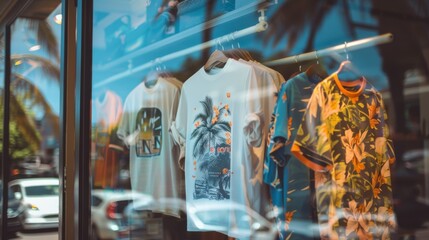 Casual t-shirts with tropical and floral prints displayed in a shop window, reflecting the city street.