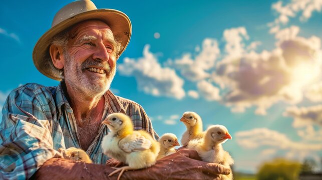 Elderly farmer holding baby chicks in his hands, smiling joyfully outdoors with a sunlit sky.